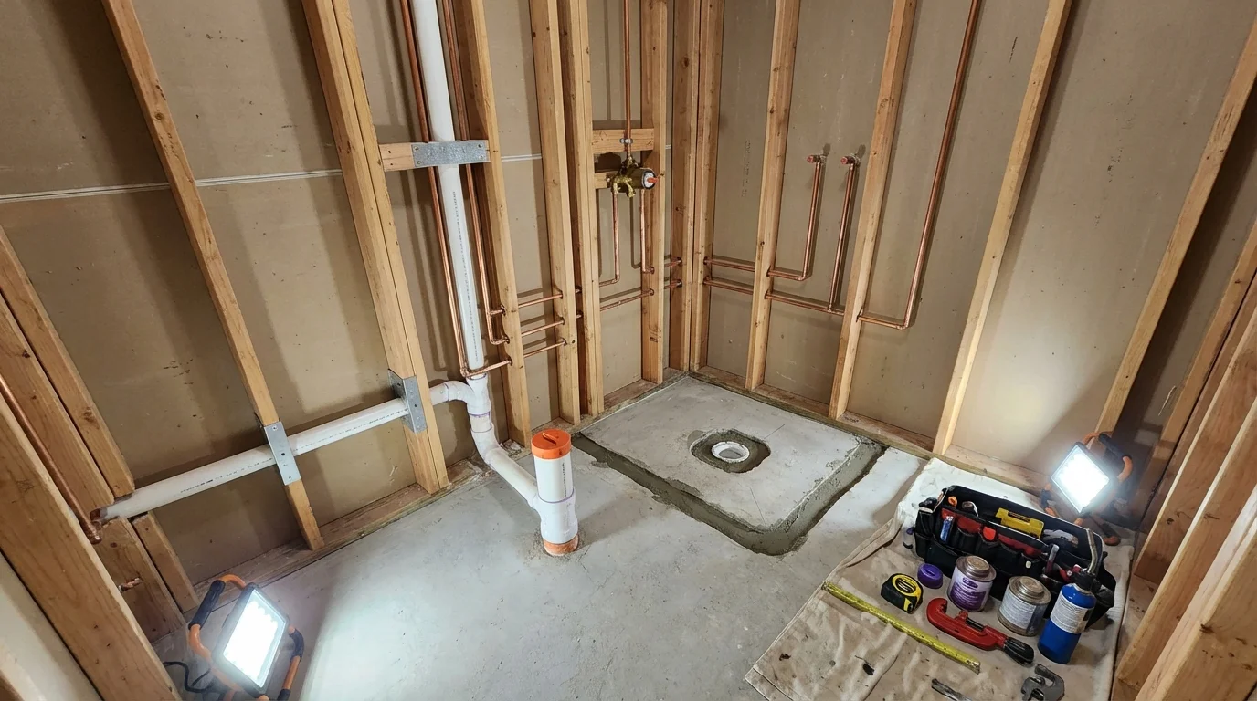 Bathroom rough-in plumbing during remodel by Johns Plumbing LLC in Neenah