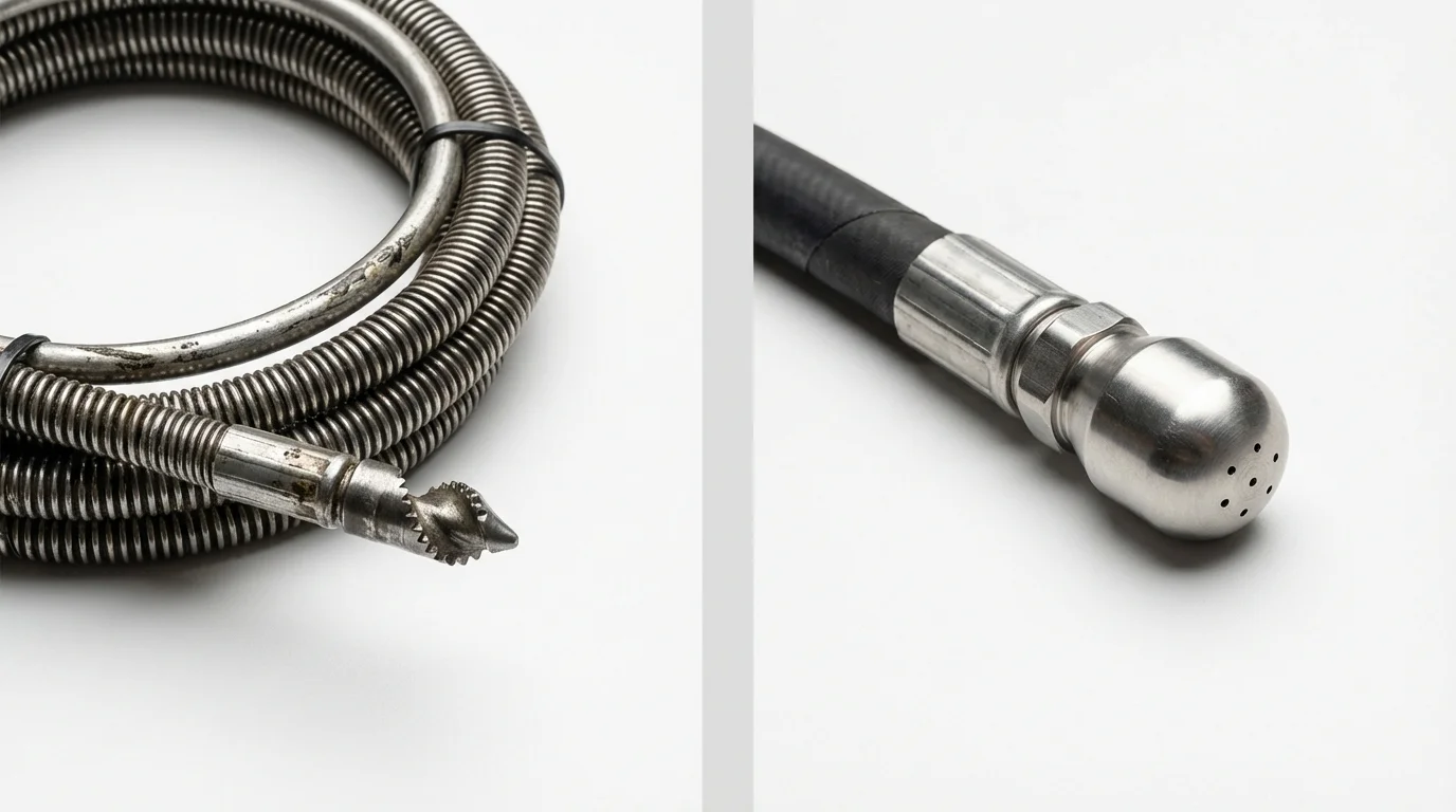 Drain snake cable and hydro jetting nozzle used for drain cleaning in Neenah, WI
