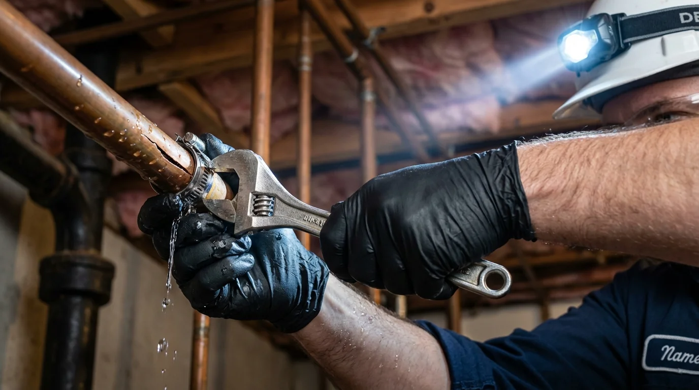 Emergency pipe clamp repair being performed by a Johns Plumbing LLC plumber in Neenah