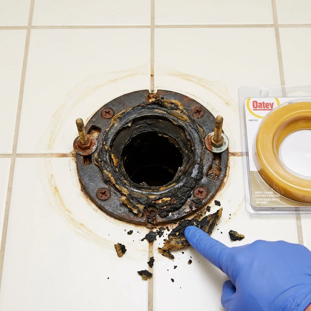Failed wax ring showing water seepage at the base of a toilet in a Neenah, WI home